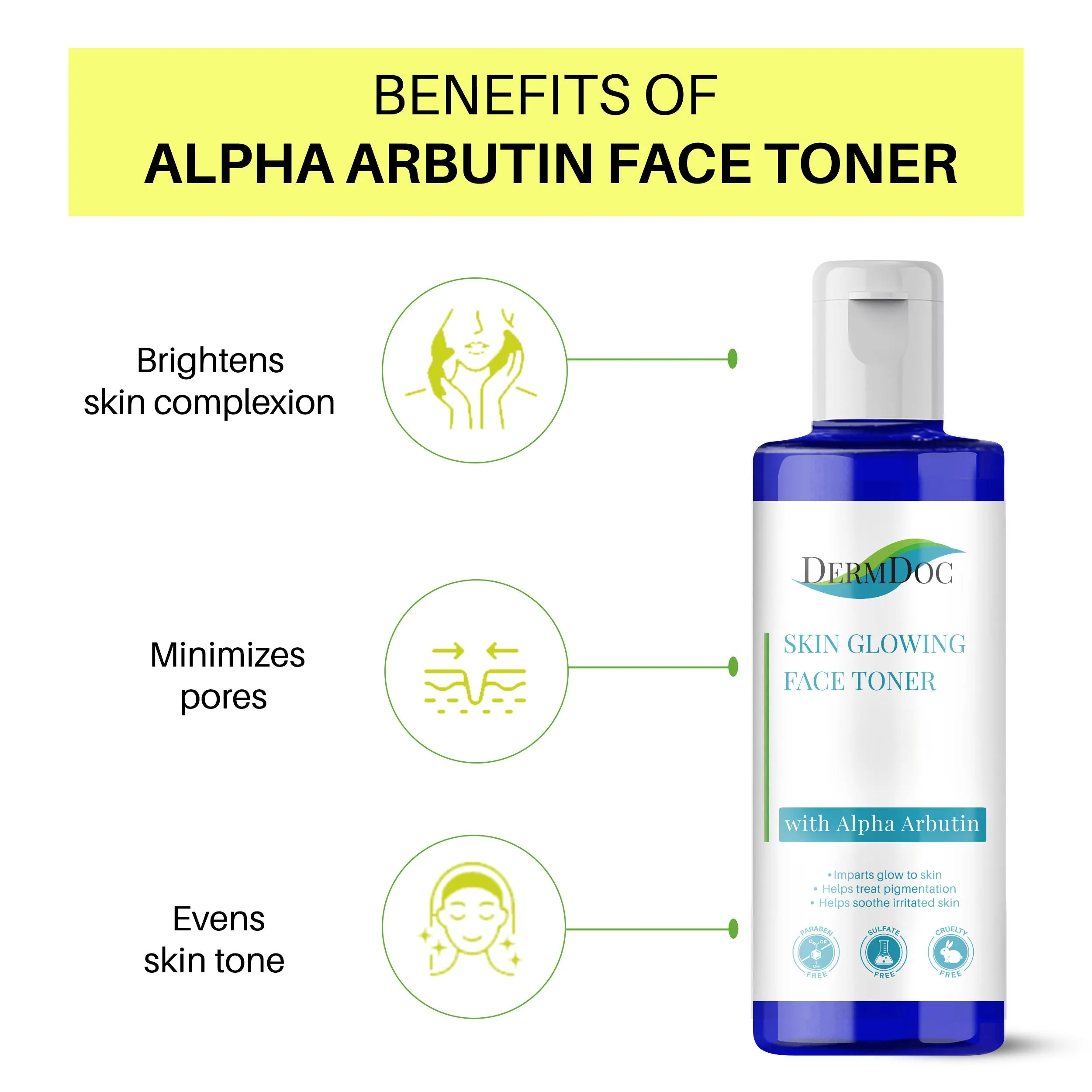 DermDoc Skin Glowing Face Toner with Alpha Arbutin ( 100 ml ) | For All Skin Type | Lightweight , Non- Sticky | Paraben Free , Silicone Free , Sulfate Free , Cruelty Free , Sulphate Free